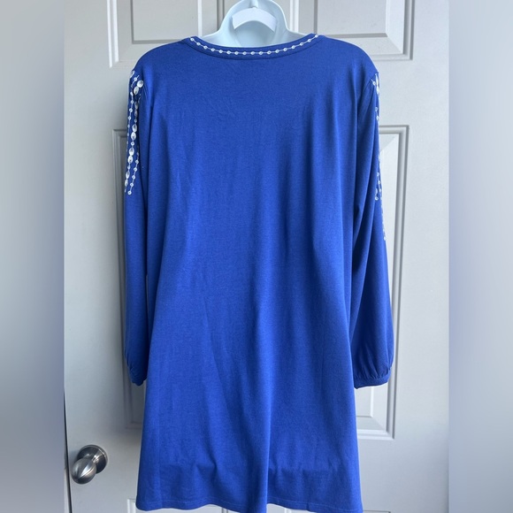 J. Jill Blue Embroidered Split Neck Tunic Top Size L Boho 3/4 Sleeve Royal Blue - Picture 6 of 9
